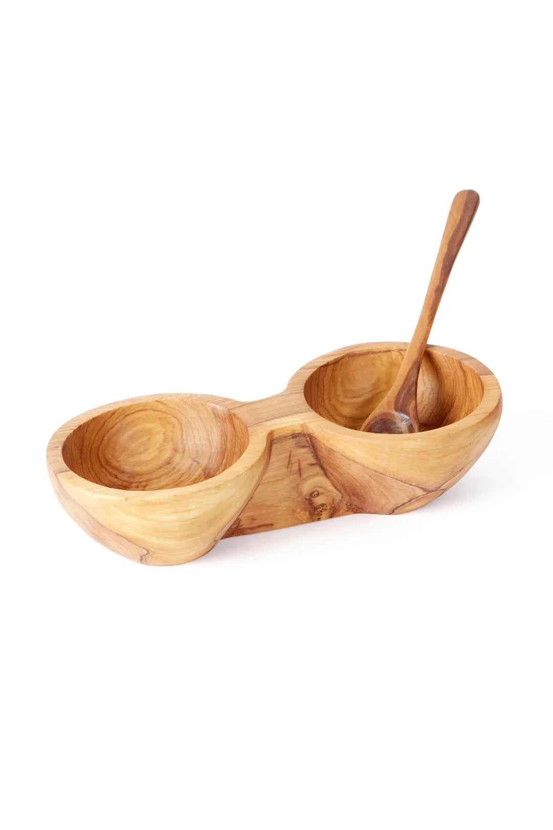 Double Wild Olive Wood Condiment Bowl with Spoon