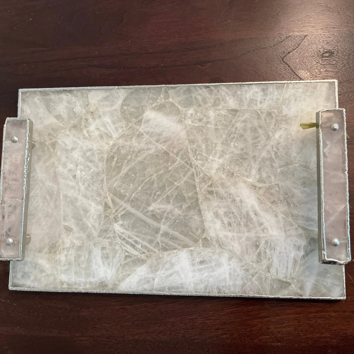 White Crystal Agate Plated Serving Tray With Rose Quartz Handles