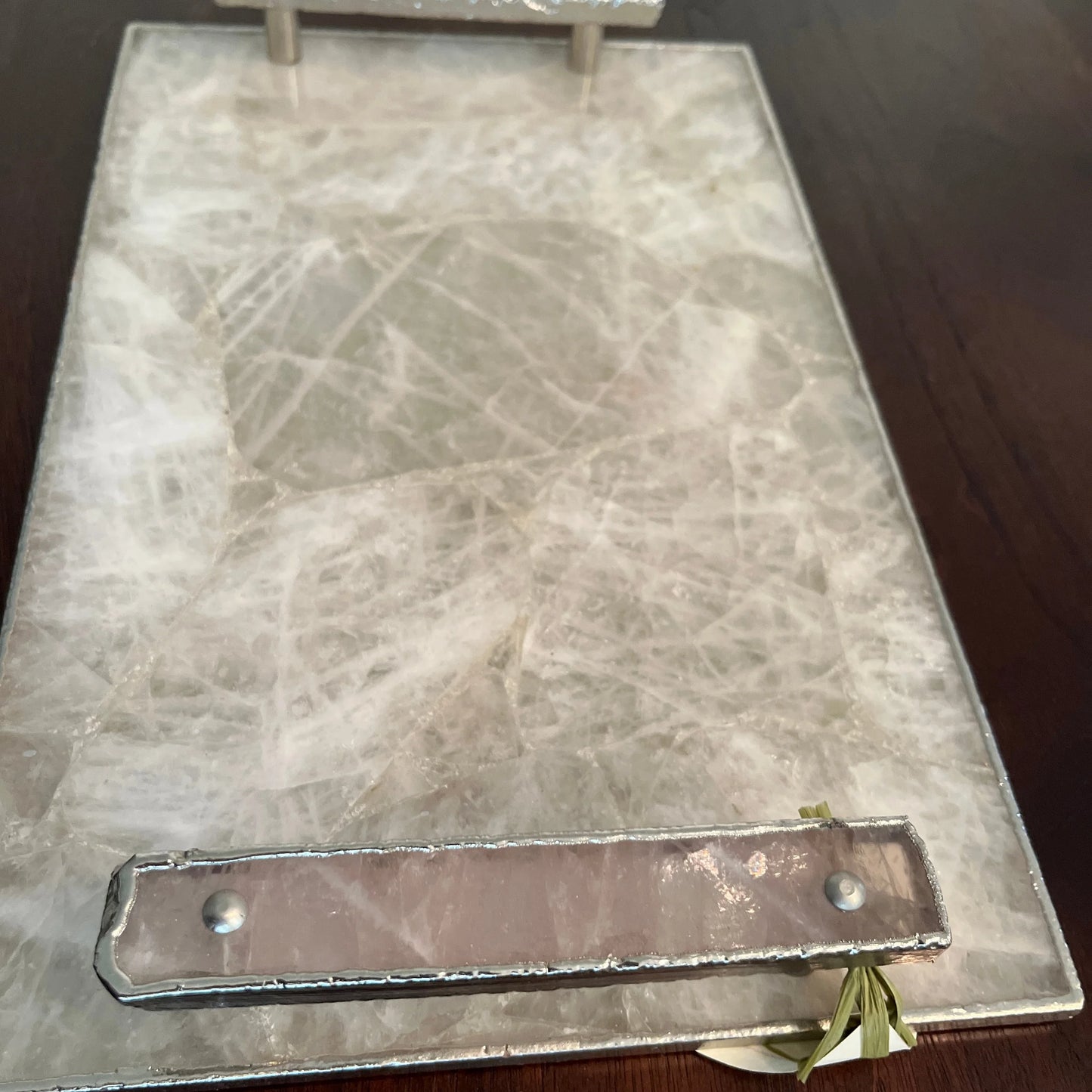 White Crystal Agate Plated Serving Tray With Rose Quartz Handles